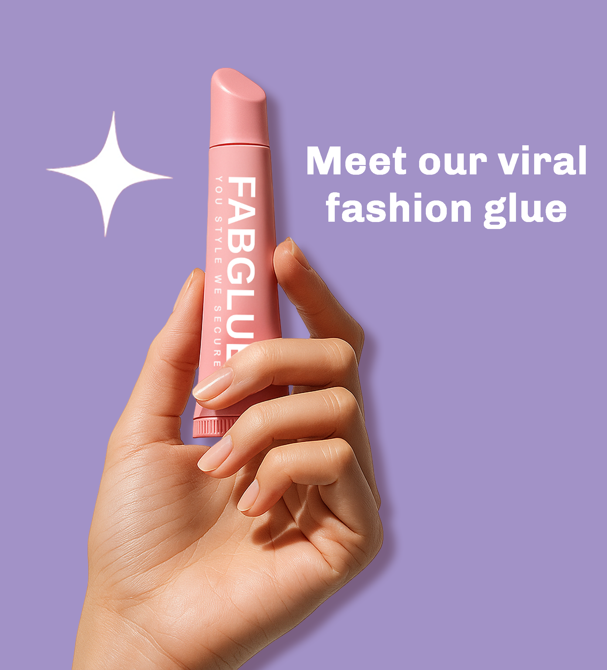 Hand holding a pink tube labeled 'FABGLUE' against a purple background with text.
